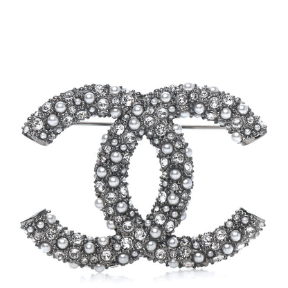 Chanel Crystal Pearl Caviar CC Brooch Silver 1 of 3