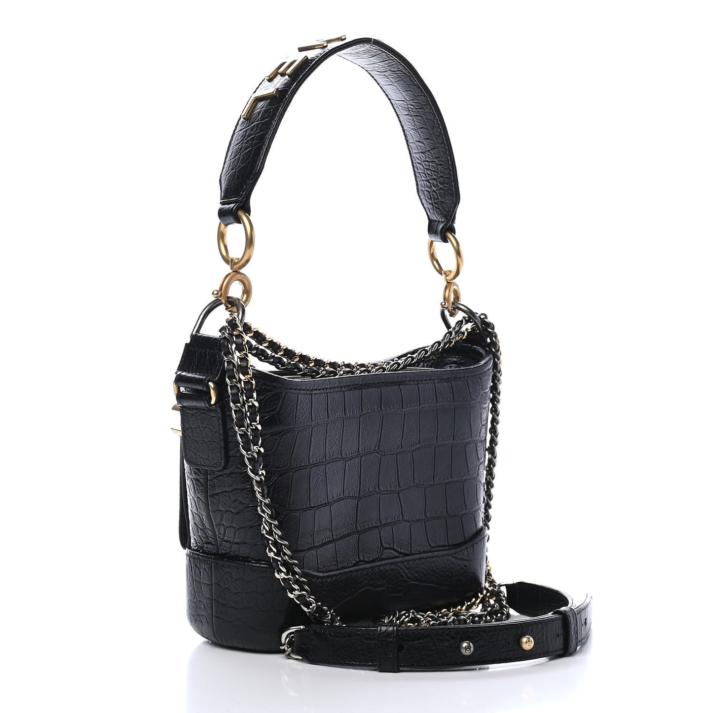 Calfskin Crocodile Embossed Small Gabrielle Cocodile Hobo Black