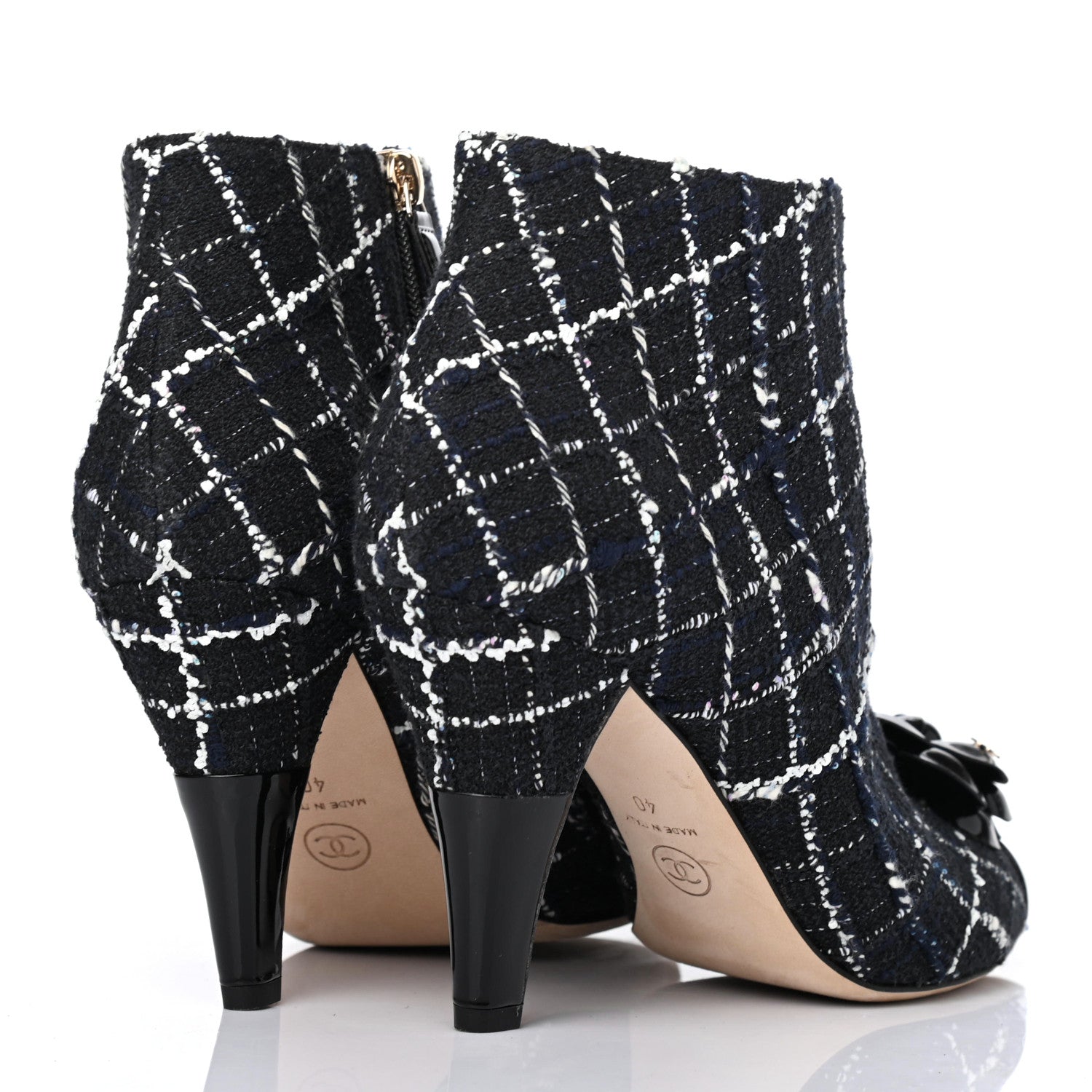 Chanel Tweed Patent Calfskin Camellia Short Boots 40 Black White 3 of 4