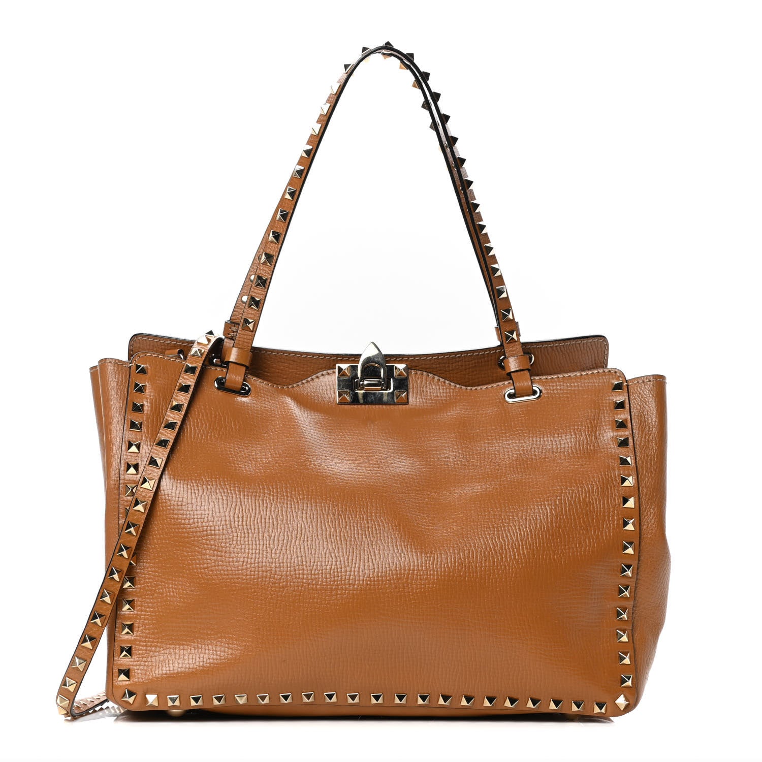 Valentino Garavani Textured Calfskin Medium Rockstud Tote Camel 1 of 5
