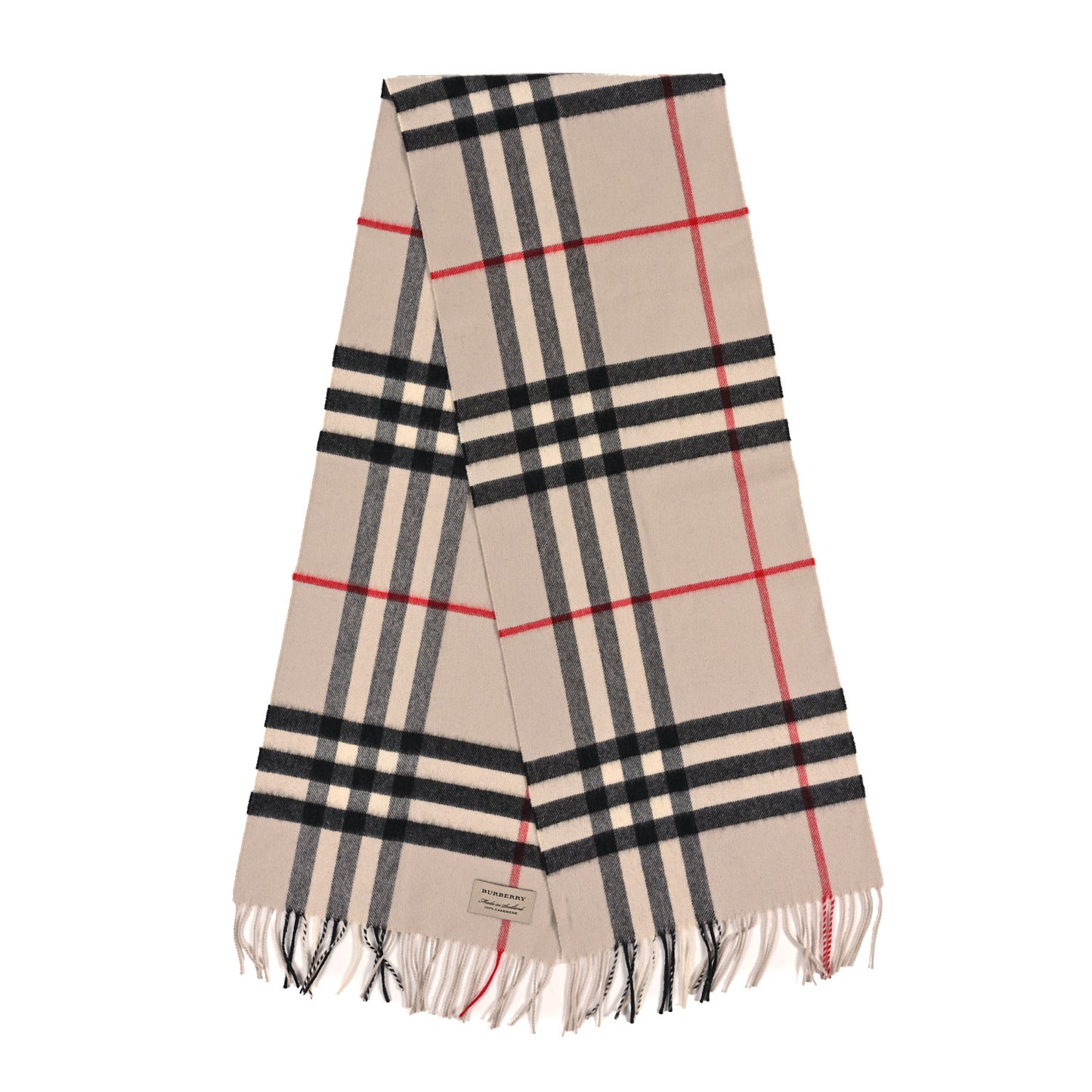 Cashmere Giant Check Fringe Scarf Ivory Camel