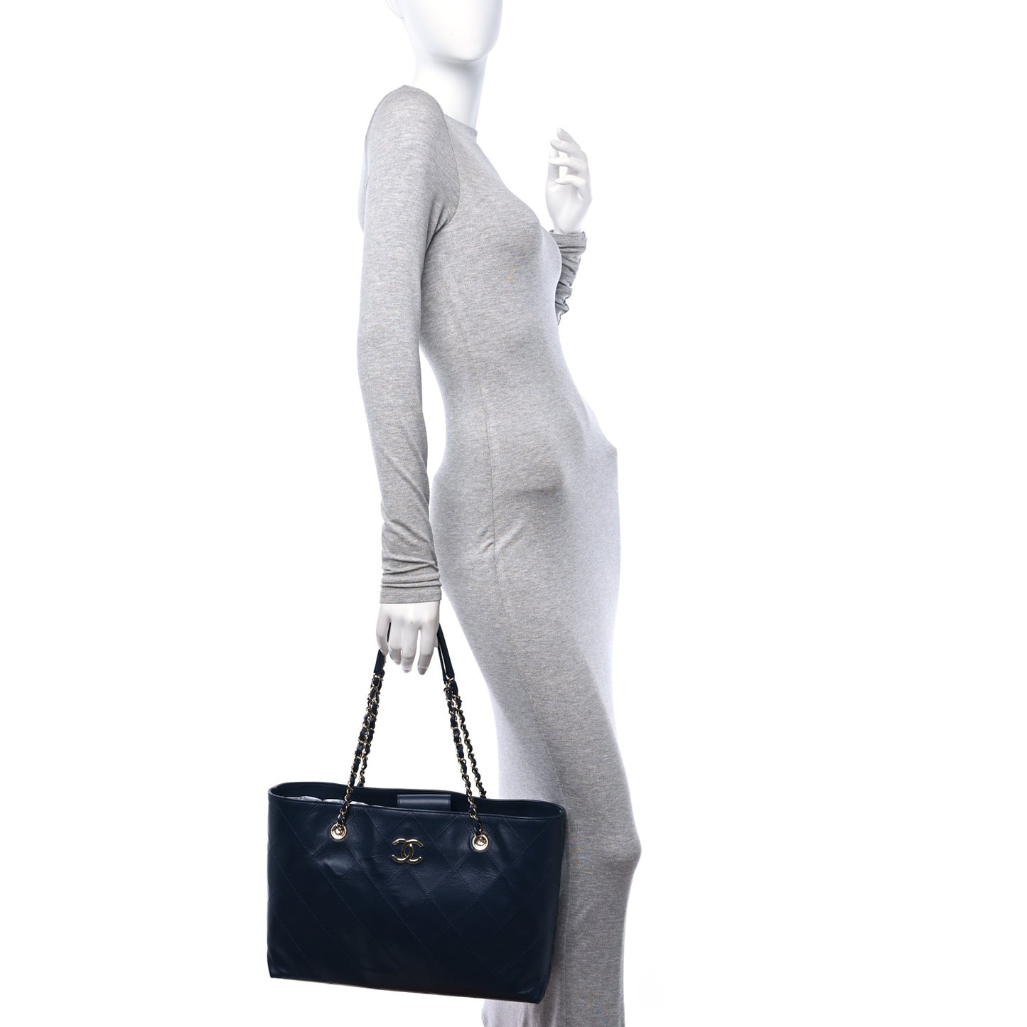 Glazed Calfskin Stitched Shopping Tote Blue