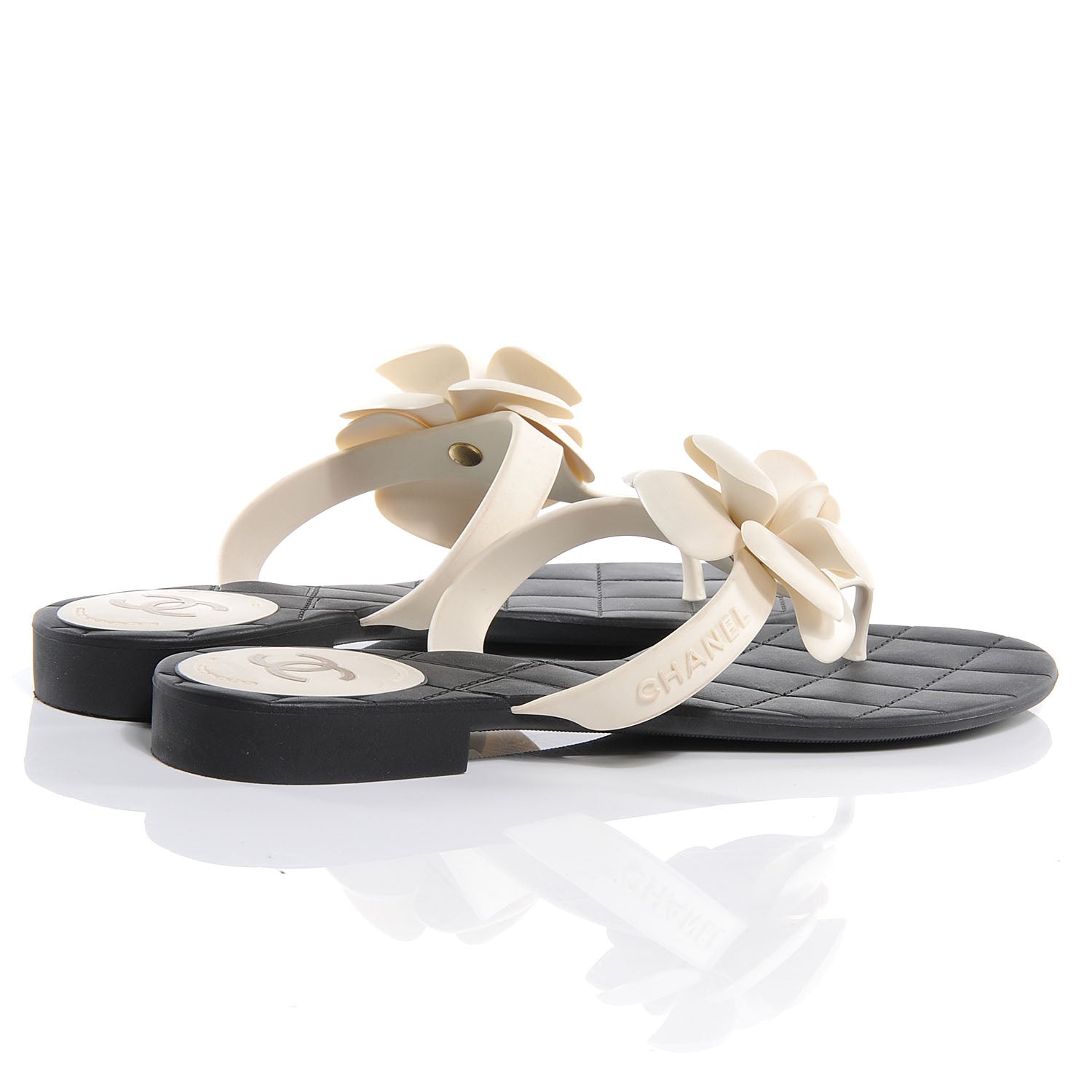 Chanel Jelly Quilted Camellia Thong Sandals 40 Black White 4 of 6