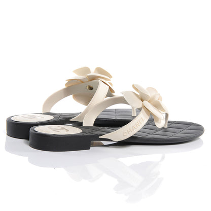 Chanel Jelly Quilted Camellia Thong Sandals 40 Black White 4 of 6