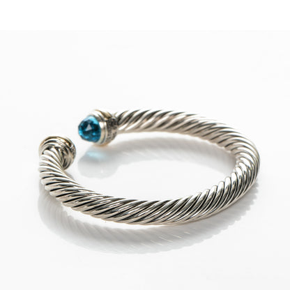 David Yurman Sterling Silver 14K Yellow Gold Blue Topaz 7mm Cable Classics Bracelet 3 of 5