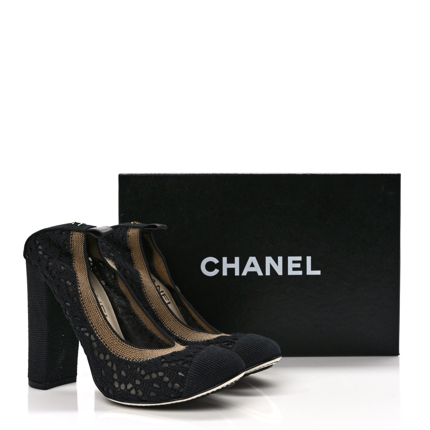 Knit Lace Grosgrain Cap Toe CC Pumps 37.5 Black Beige