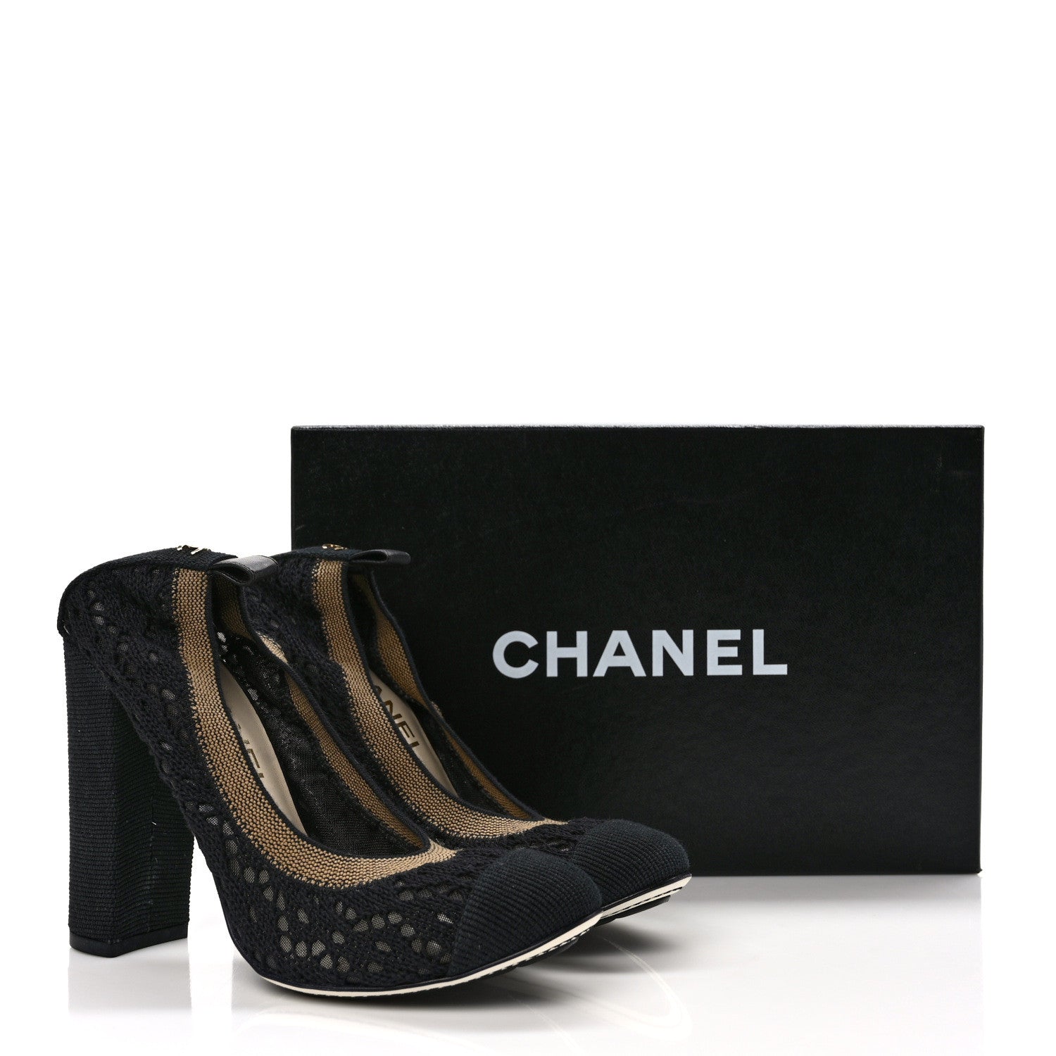 Chanel Knit Lace Grosgrain Cap Toe CC Pumps 37.5 Black Beige 8 of 8