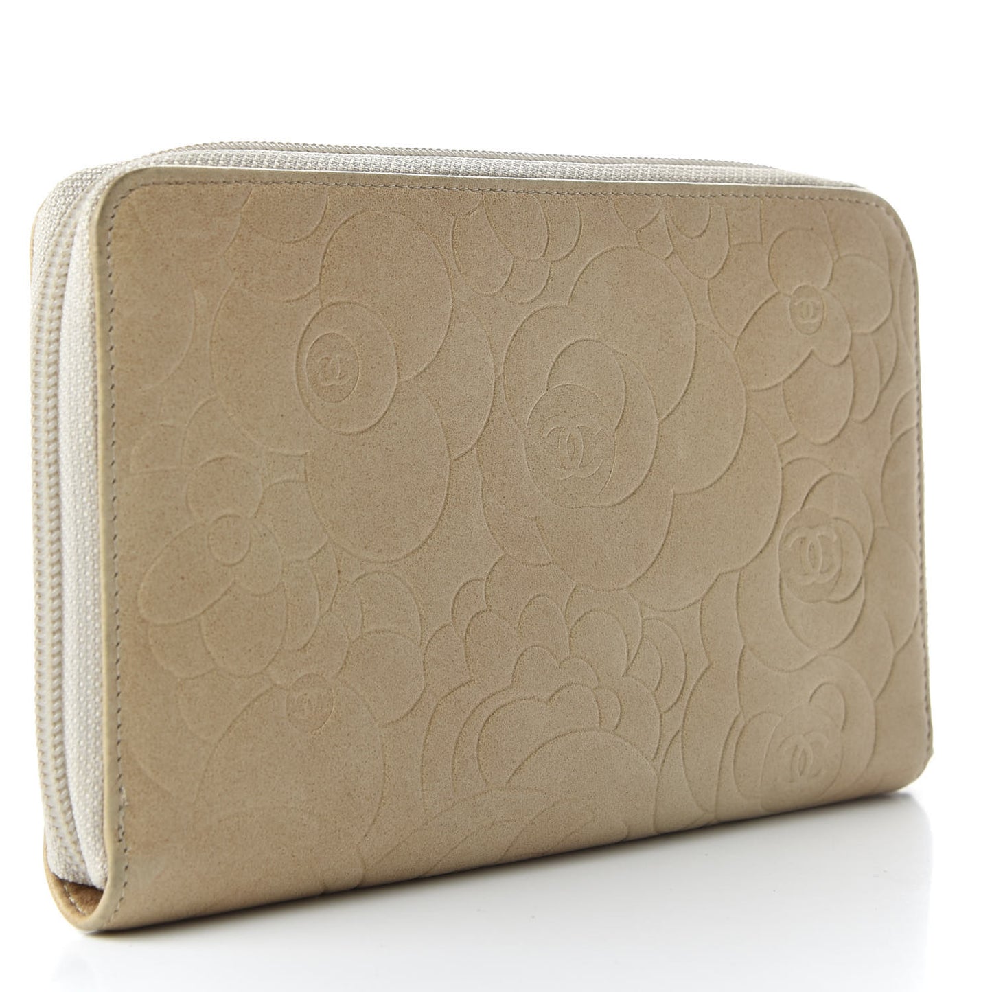 Lambskin Camellia Embossed Zip Around Organizer Wallet Light Beige