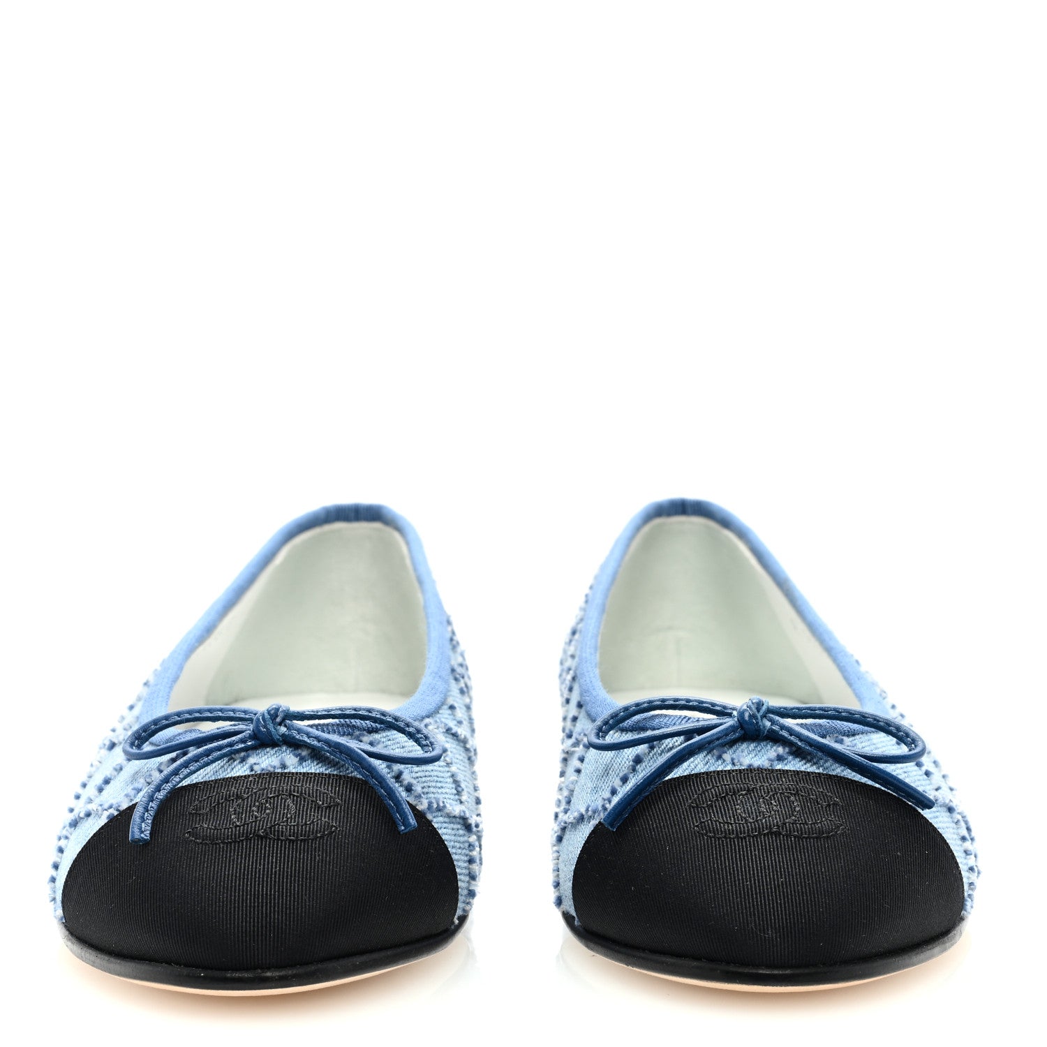 Chanel Denim Embroidered Grosgrain CC Cap Toe Ballerina Flats 37.5 Blue Black 3 of 9