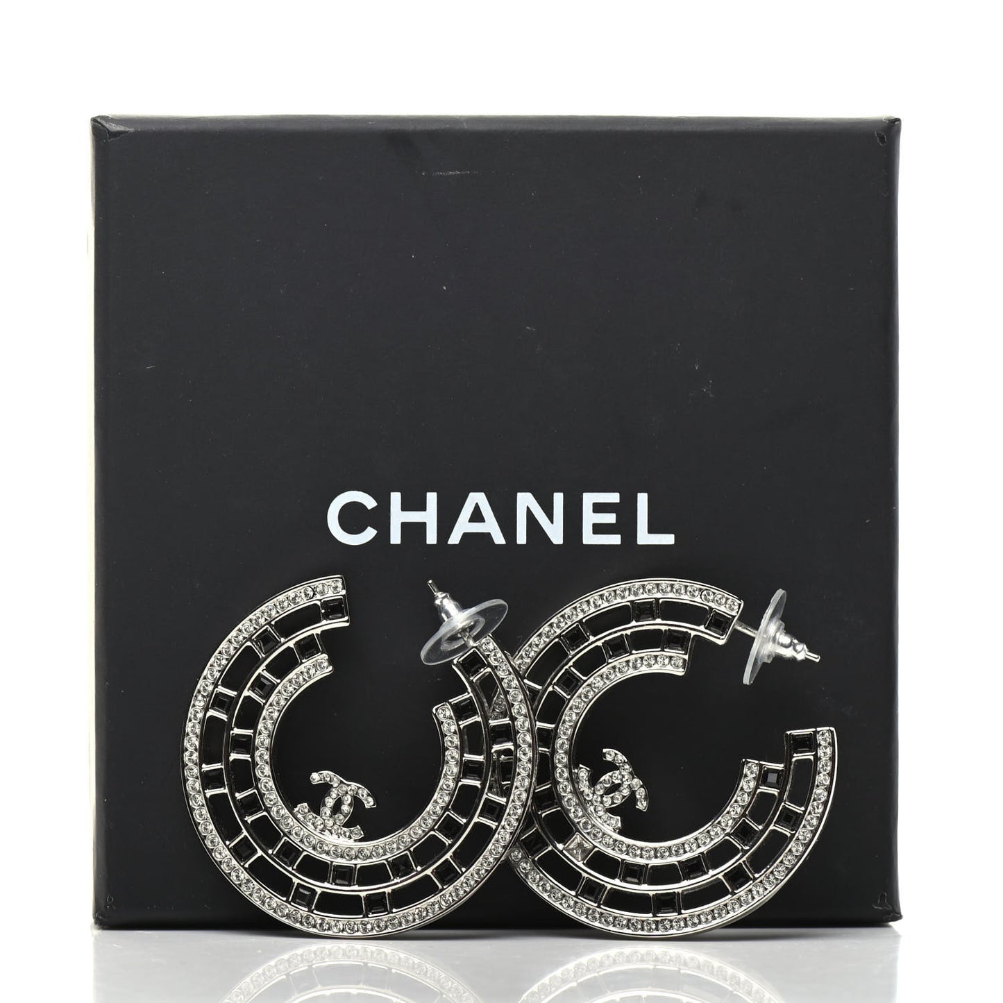 Baguette Crystal CC Hoop Earrings Silver Black