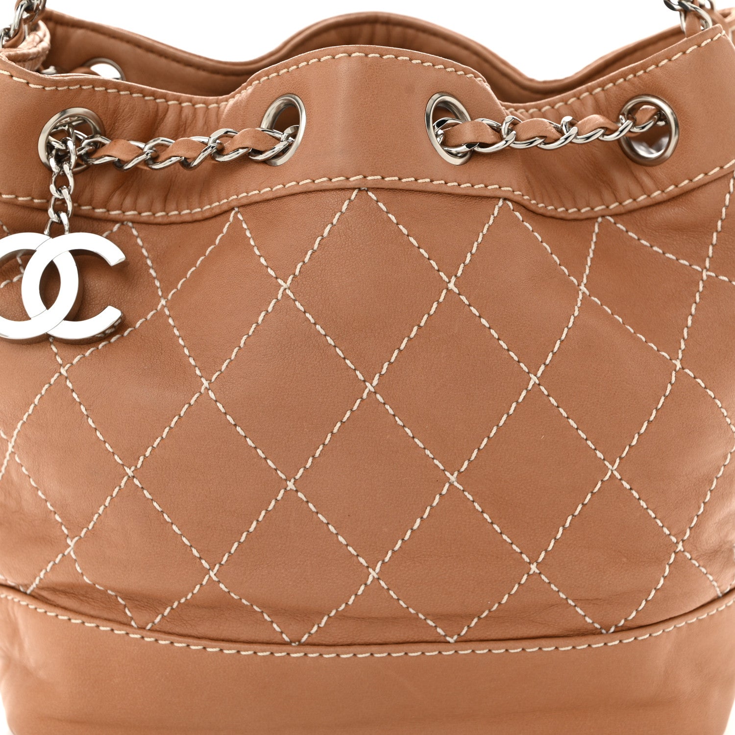 Chanel Lambskin Contrast Stitch Small Drawstring Tote Dark Beige 8 of 10