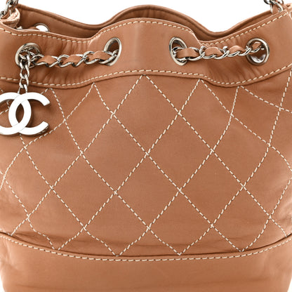 Chanel Lambskin Contrast Stitch Small Drawstring Tote Dark Beige 8 of 10