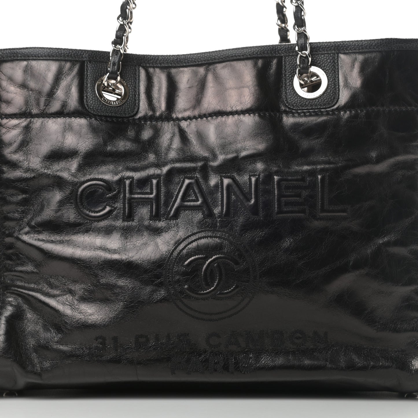 Glazed Calfskin Small Deauville Tote Black