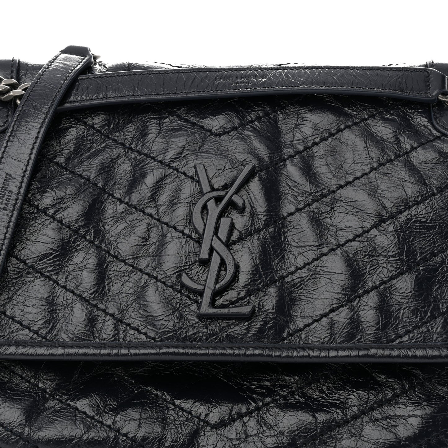 Crinkled Calfskin Matelasse Monogram Medium Niki Chain Satchel Deep Marine