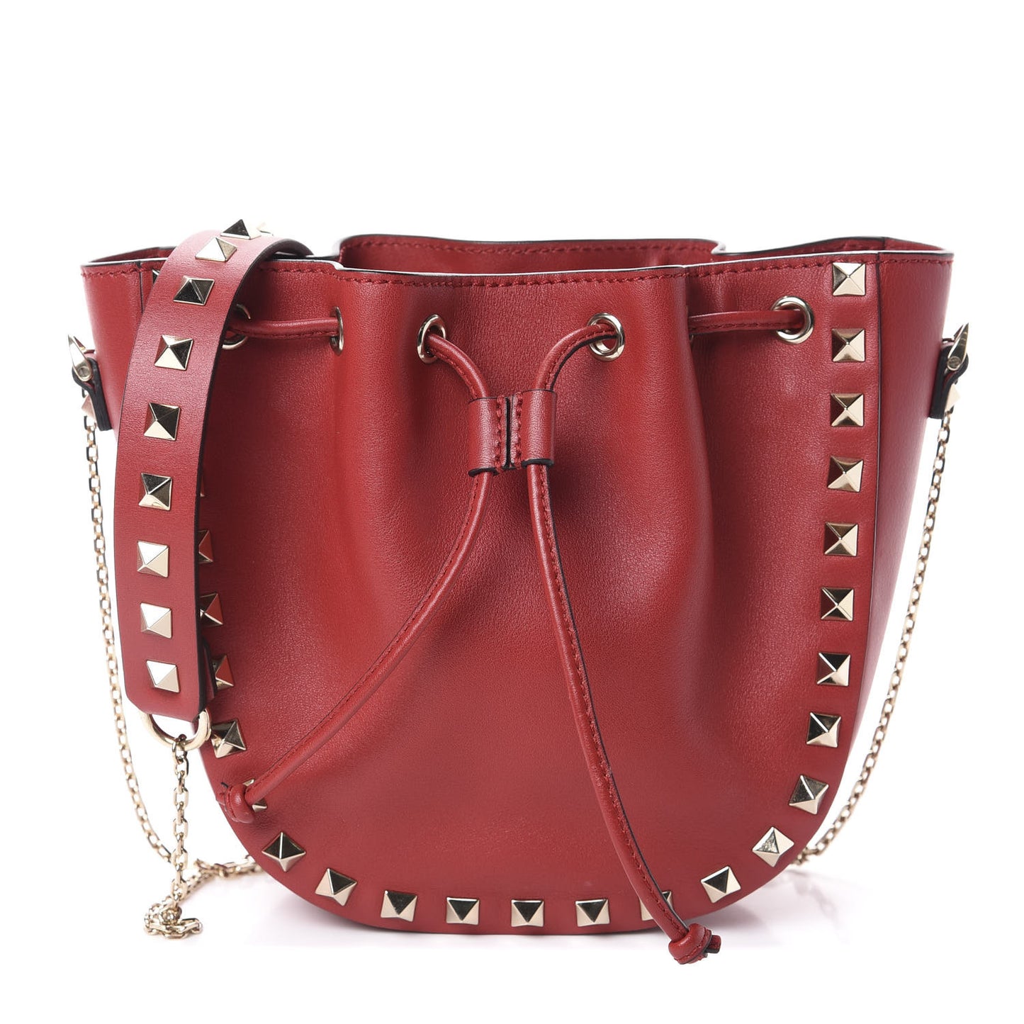 Vitello Mini Rockstud Chain Strap Bucket Bag Red