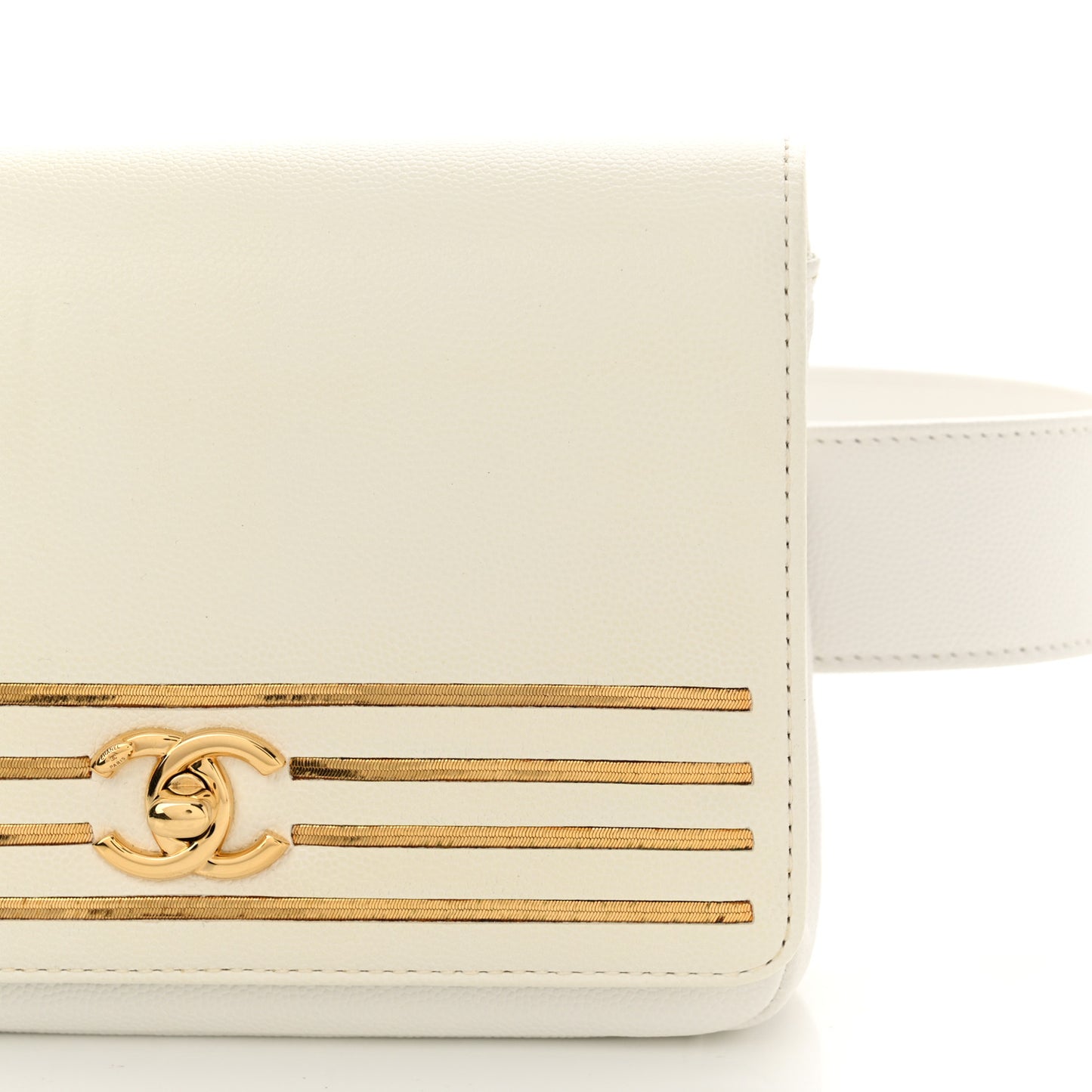 Grained Calfskin Embroidered Captain Gold Belt Bag White