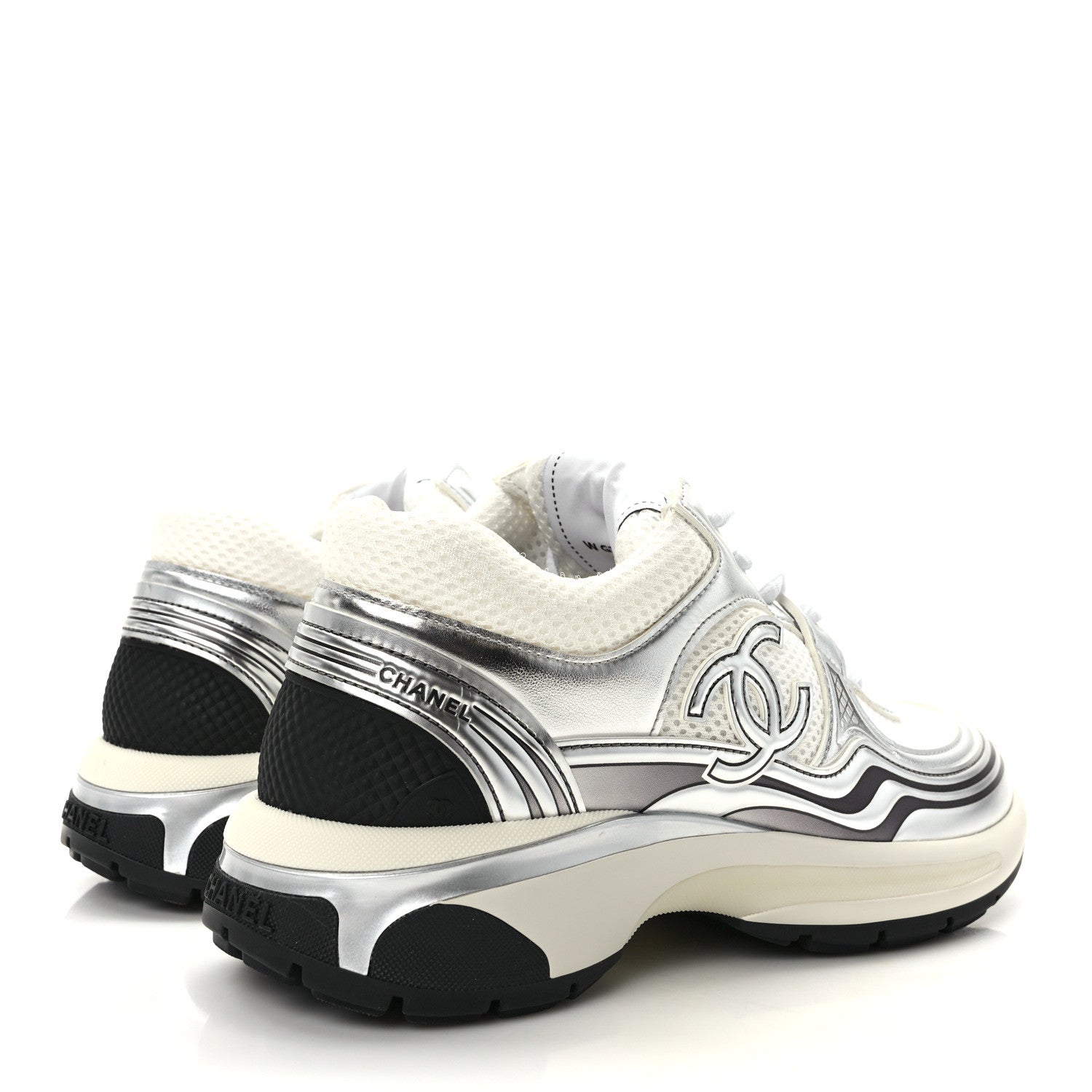 Chanel Fabric Laminated Calfskin Stretch CC Sneakers 36.5 White Silver 4 of 10