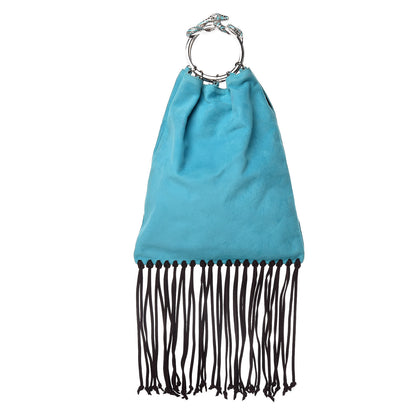 Valentino Garavani Suede Fringe Crystal Snake Ring Evening Bag Turquoise 1 of 11