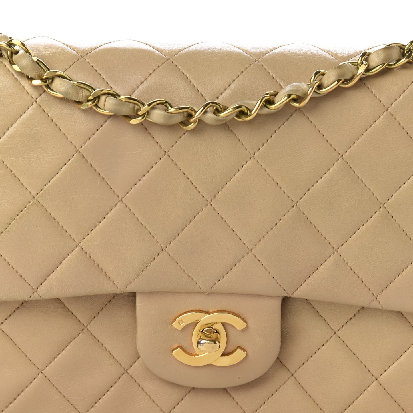 Lambskin Quilted Medium Double Flap Beige