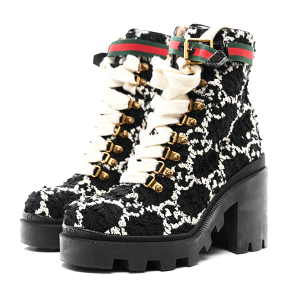Gucci Tweed GG Monogram Lace Up Combat Ankle Boots 37 Black 3 of 8