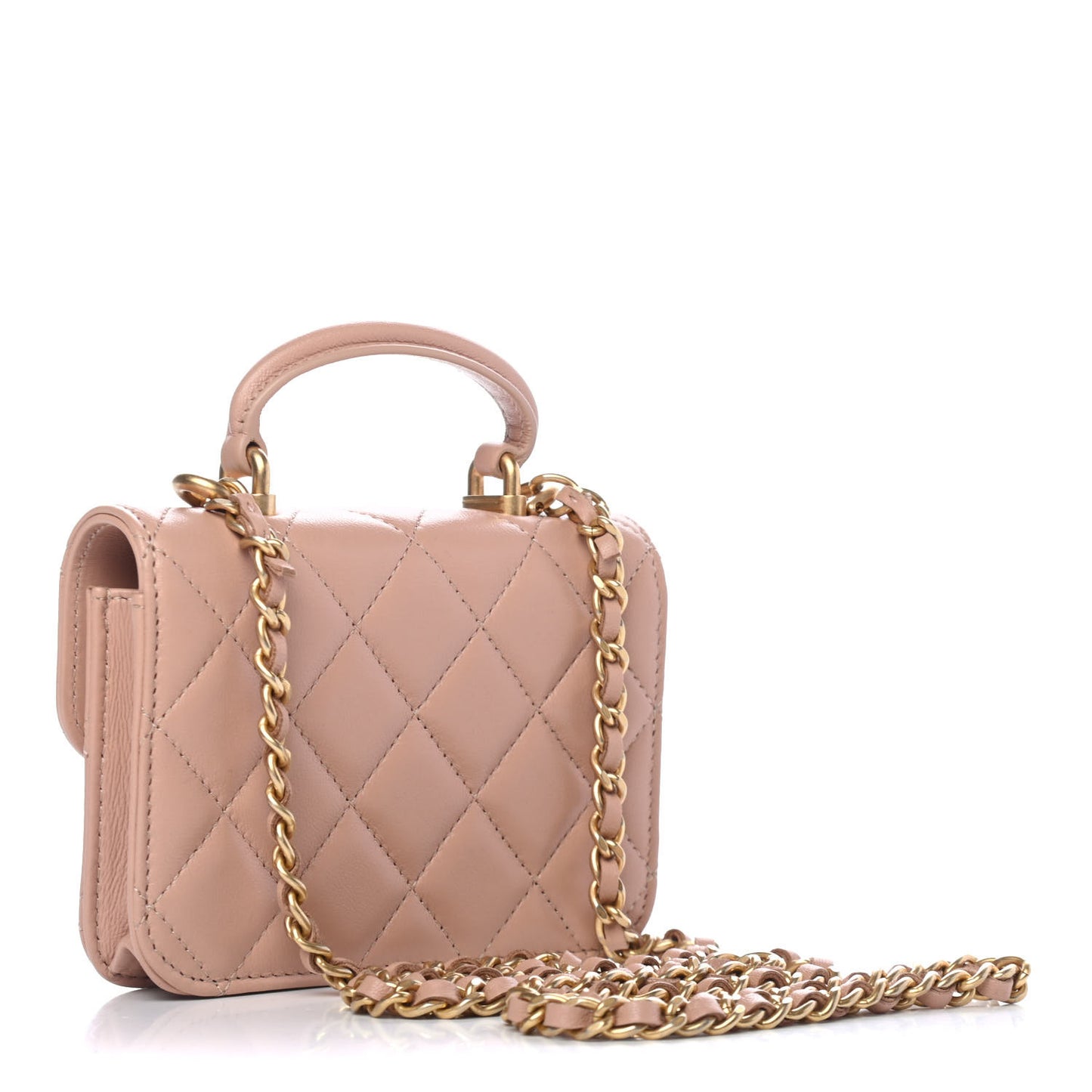 Lambskin Quilted Top Handle Flap Coin Purse With Chain Beige