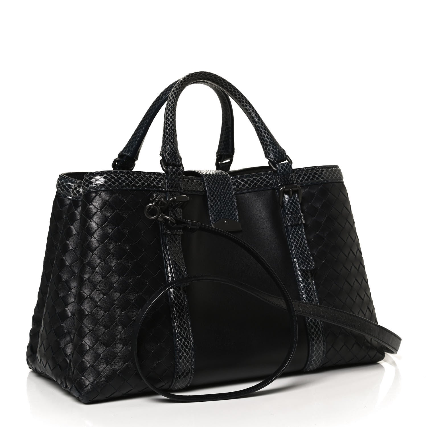 Bottega Veneta Nappa Intrecciato Snakeskin Small Flow Wave Tote Black 2 of 12