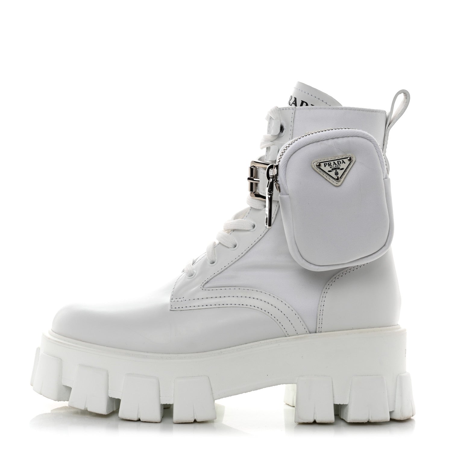 Prada Spazzolato Rois Re-Nylon Metal Triangle Logo Monolith Pouch Pocket 55mm Boots 37 White 1 of 11