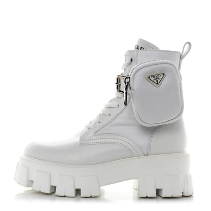 Prada Spazzolato Rois Re-Nylon Metal Triangle Logo Monolith Pouch Pocket 55mm Boots 37 White 1 of 11