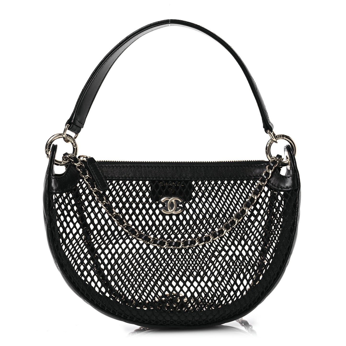 Mesh Shiny Lambskin Chain Hobo Black