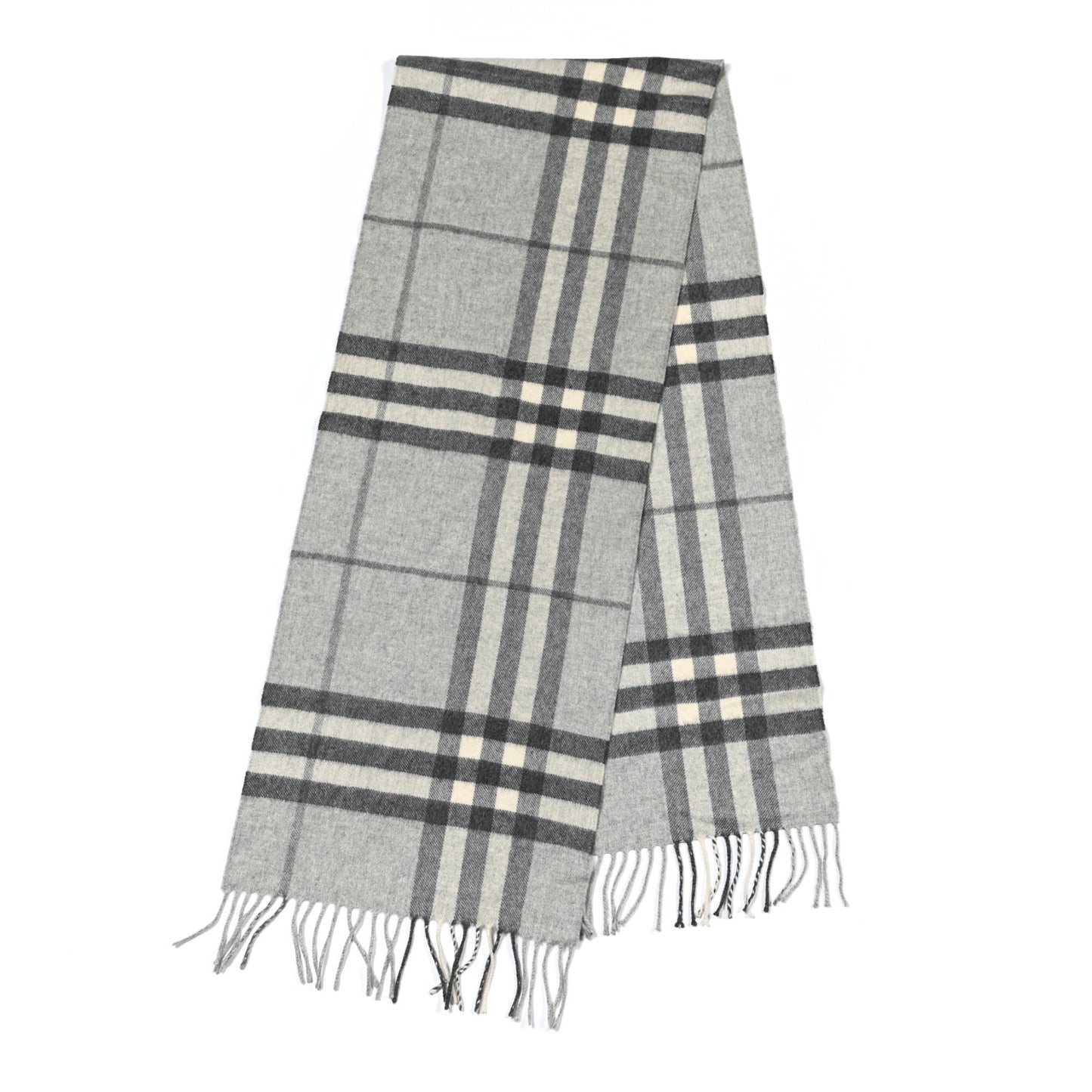 Cashmere Giant Check Fringe Scarf Pale Grey