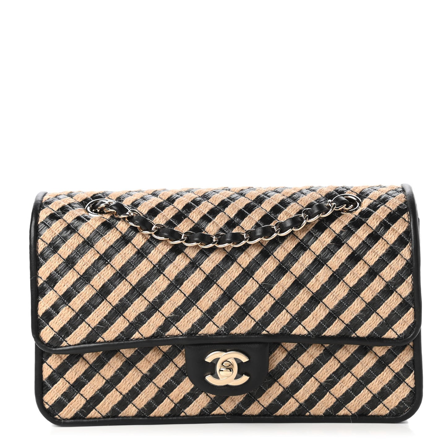 Raffia Jute Striped Medium Single Flap Black Beige