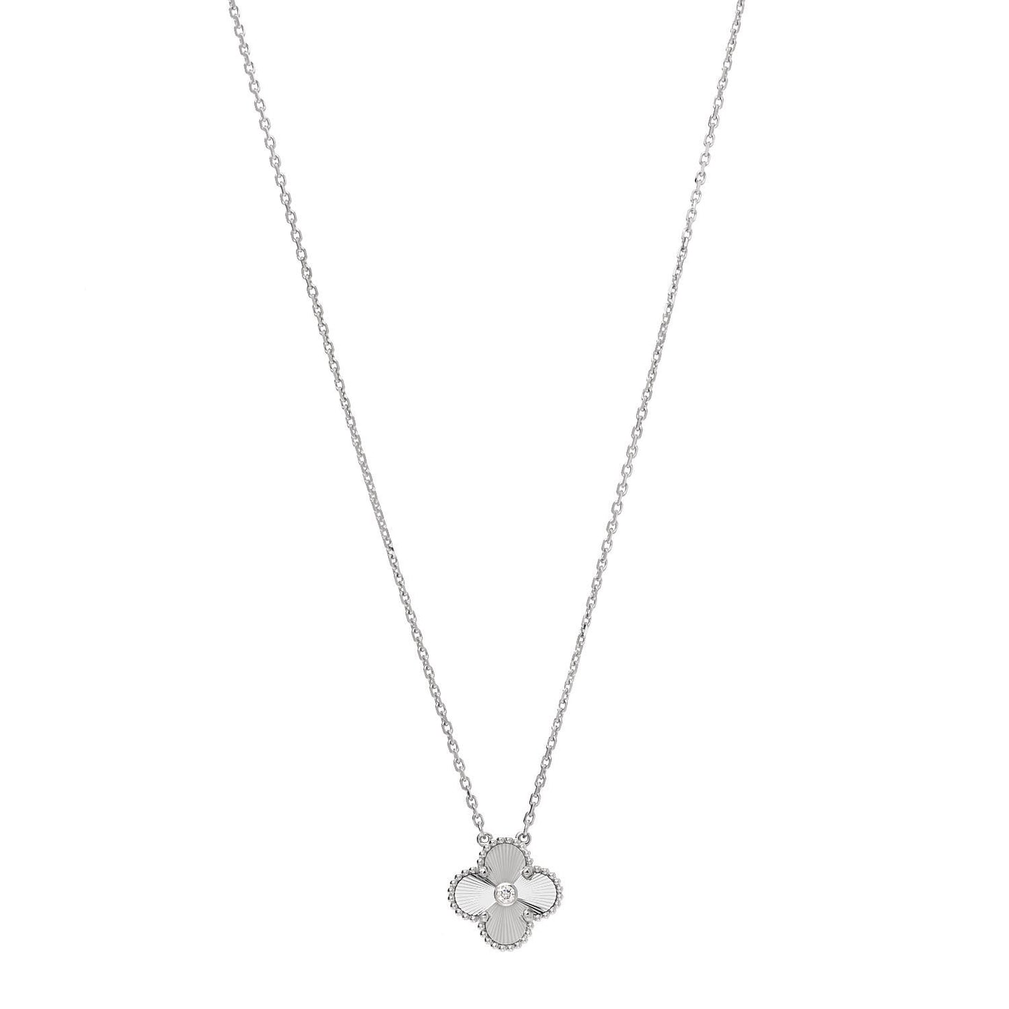 18K White Gold Diamond Guilloche Vintage Alhambra Pendant Necklace