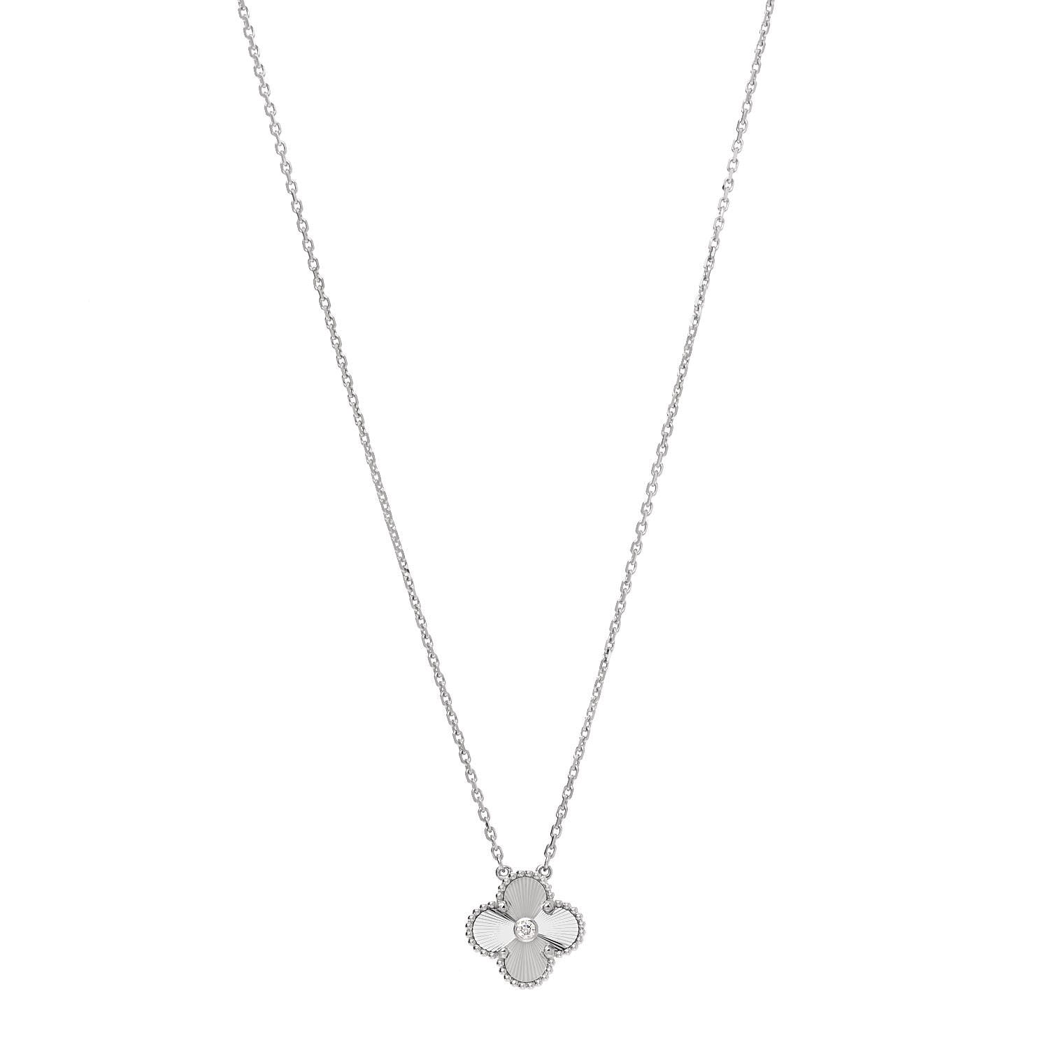 Van Cleef & Arpels 18K White Gold Diamond Guilloche Vintage Alhambra Pendant Necklace 1 of 7