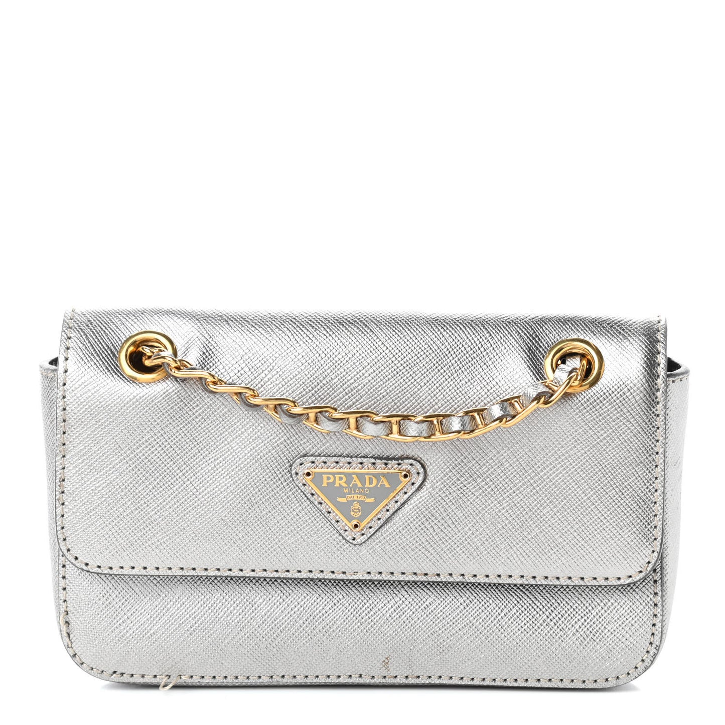 Saffiano Lux Chain Shoulder Bag Argento