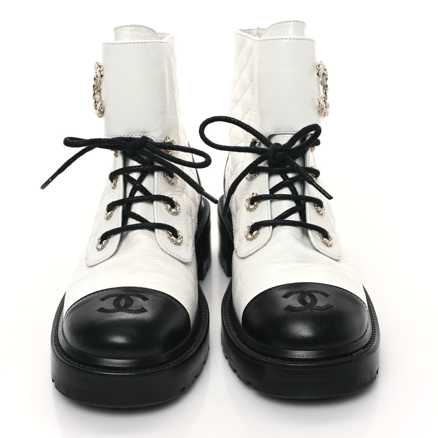 Shiny Goatskin Calfskin Quilted Lace Up Combat Boots 39 White Black