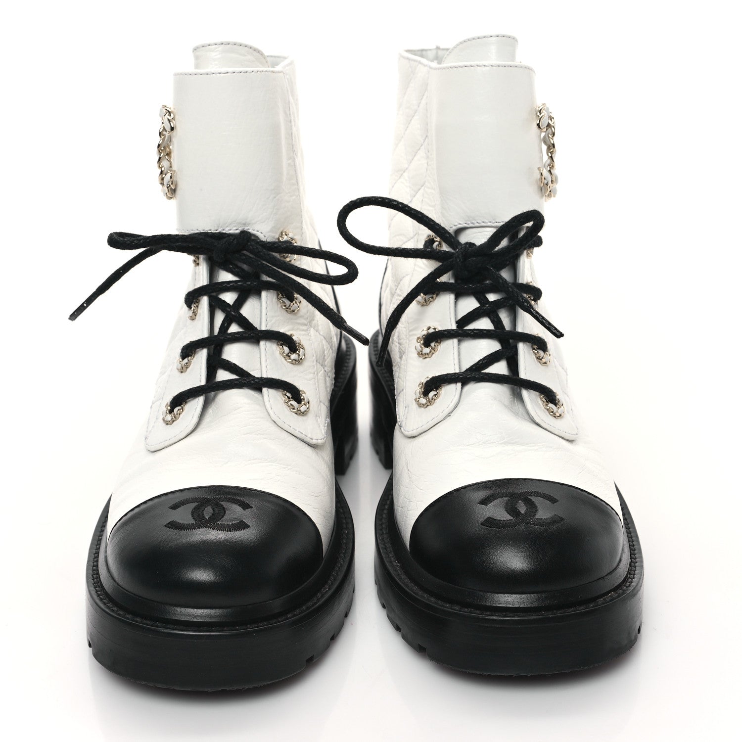 Chanel Shiny Goatskin Calfskin Quilted Lace Up Combat Boots 39 White Black 2 of 10