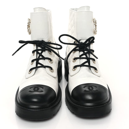 Chanel Shiny Goatskin Calfskin Quilted Lace Up Combat Boots 39 White Black 2 of 10