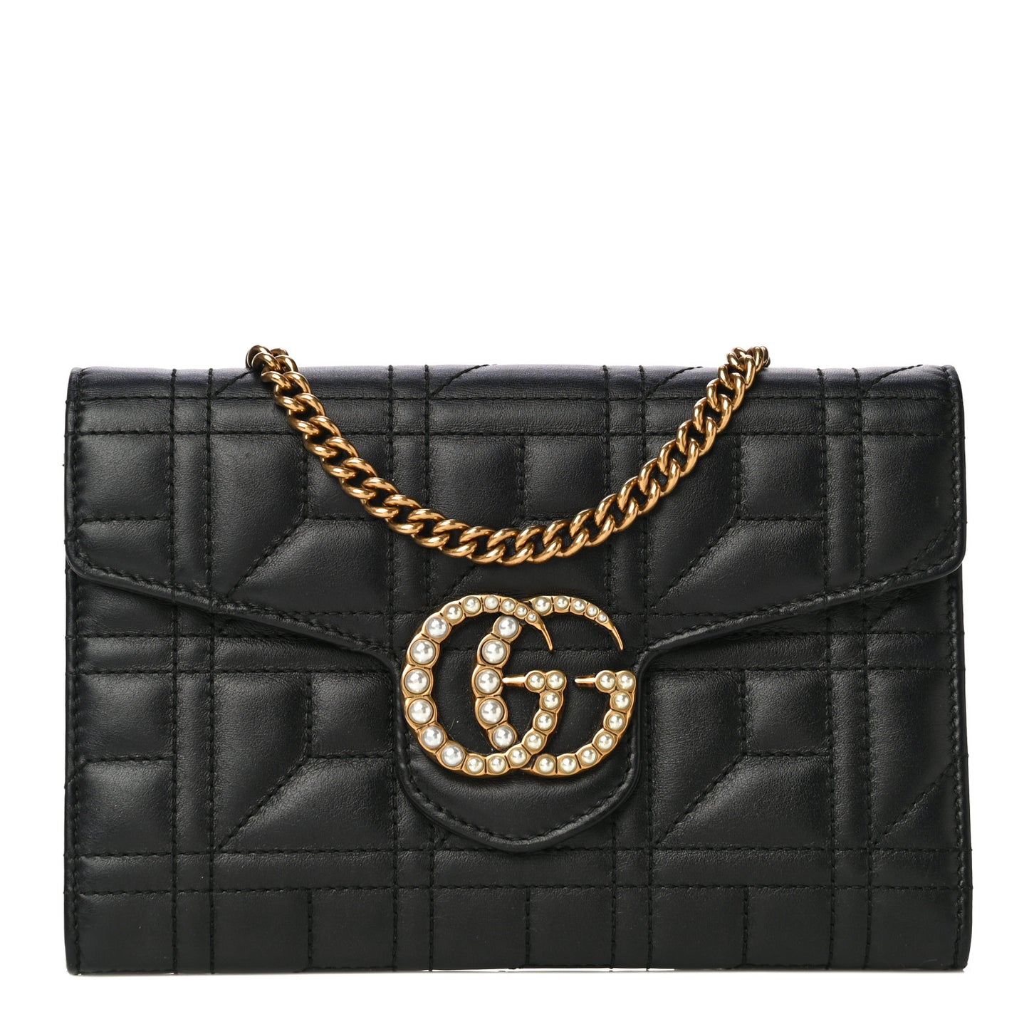 Calfskin Matelasse Mini Pearly GG Marmont Chain Wallet Black