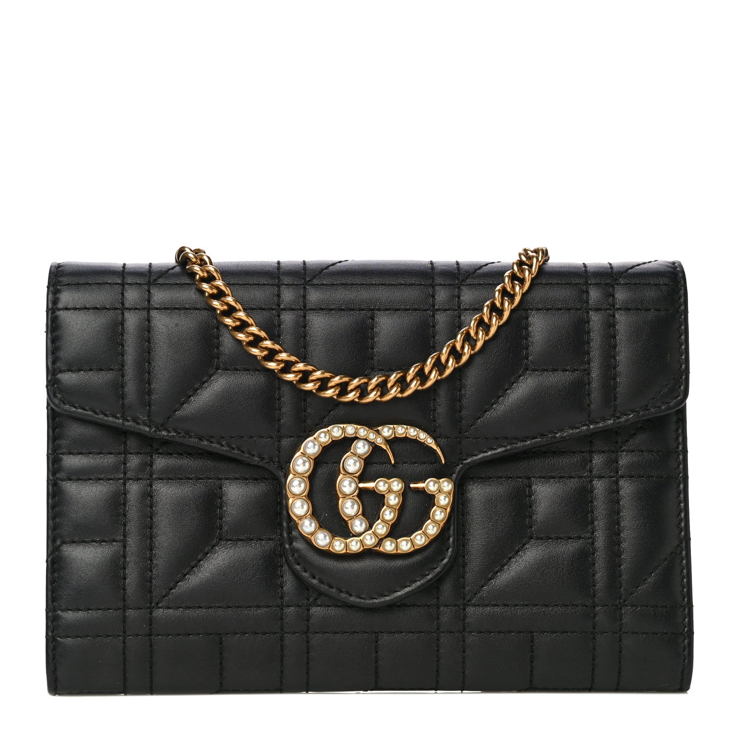 Gucci Calfskin Matelasse Mini Pearly GG Marmont Chain Wallet Black 1 of 13