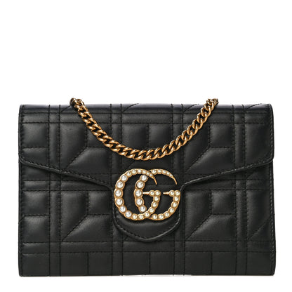 Gucci Calfskin Matelasse Mini Pearly GG Marmont Chain Wallet Black 1 of 13
