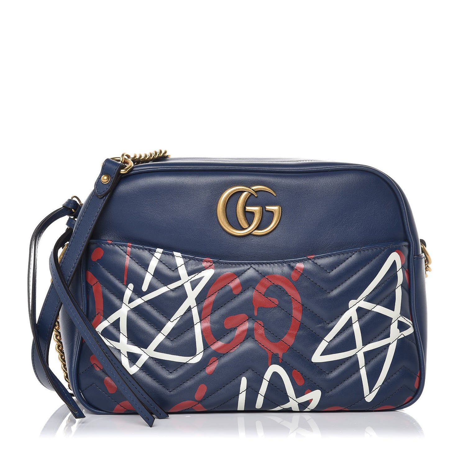 Calfskin Matelasse GucciGhost Medium GG Marmont Chain Shoulder Bag Blue Agata Hibiscus Red