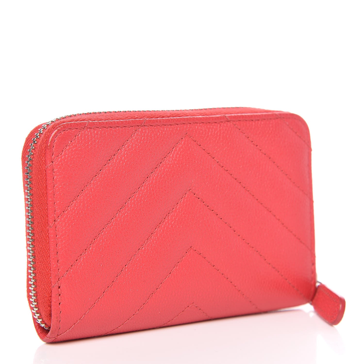 Chanel Caviar Chevron Quilted Zip Coin Purse Light Red 3 of 12