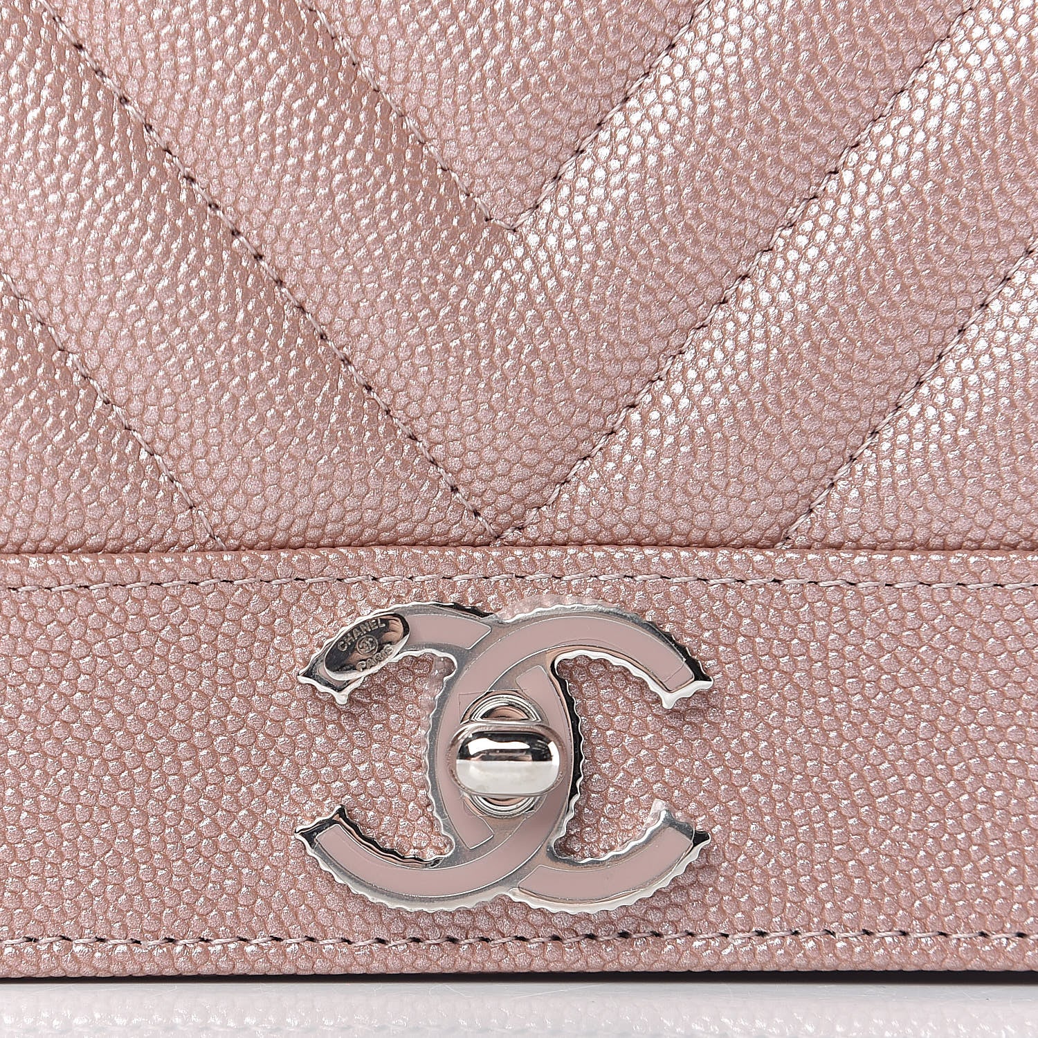 Chanel Metallic Caviar Chevron Quilted Vintage Mademoiselle Wallet On Chain WOC Pink 9 of 13