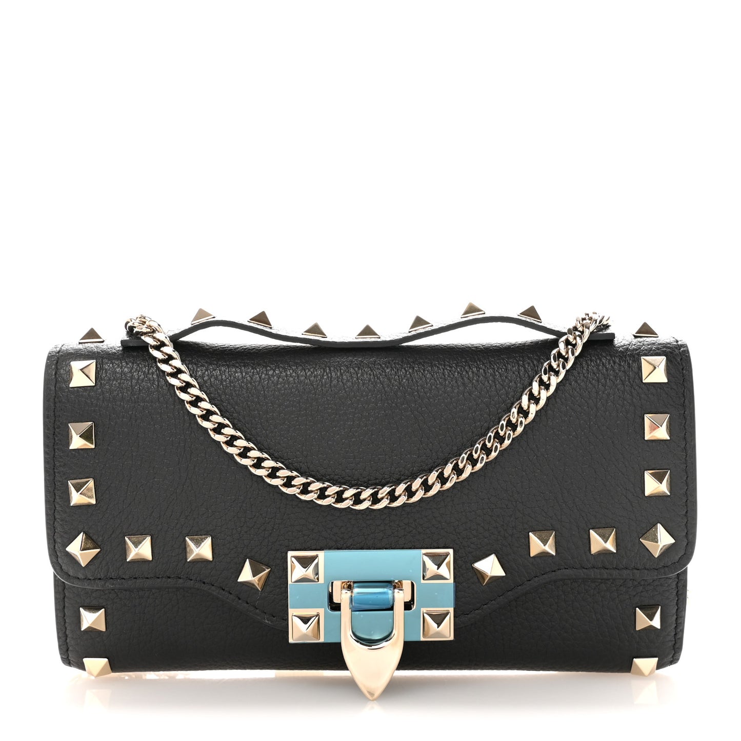 Pebbled Calfskin Rockstud Flip Lock Wallet On Chain Black