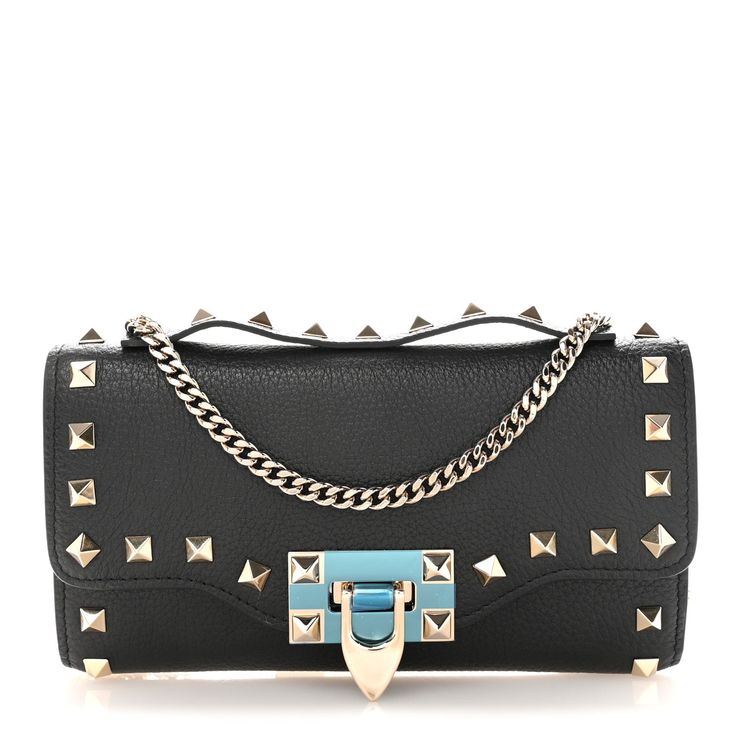 Valentino Garavani Pebbled Calfskin Rockstud Flip Lock Wallet On Chain Black 1 of 10