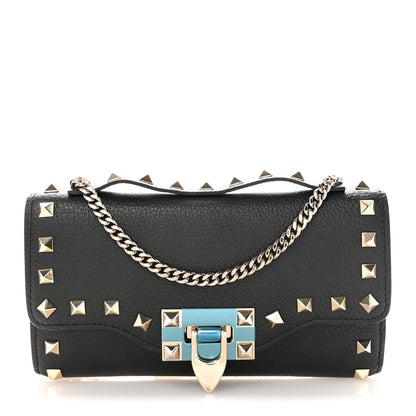 Valentino Garavani Pebbled Calfskin Rockstud Flip Lock Wallet On Chain Black 1 of 10