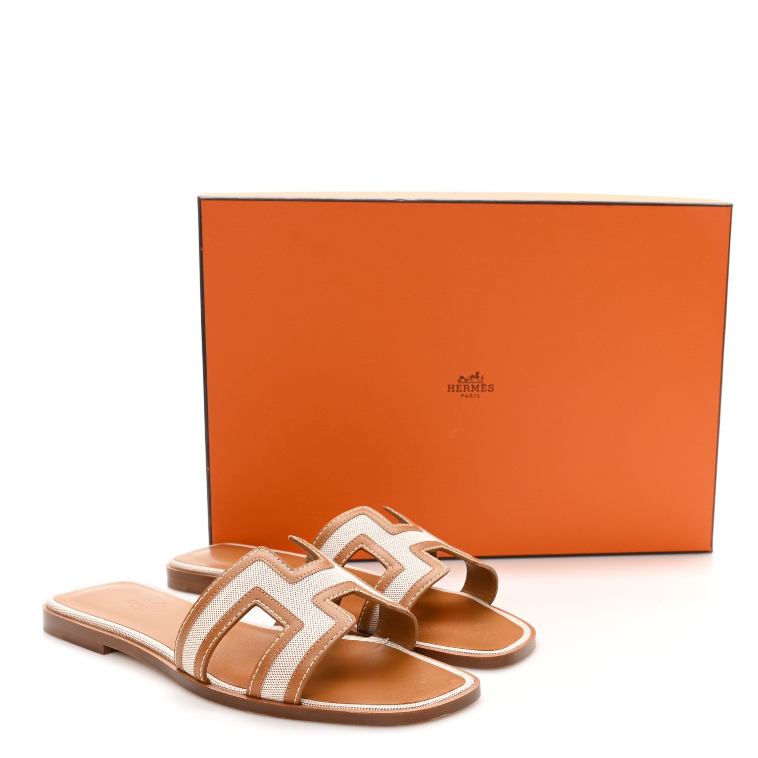 Hermes Calfskin Canvas Oran Sandals 40 Noisette Beige Dore 10 of 10