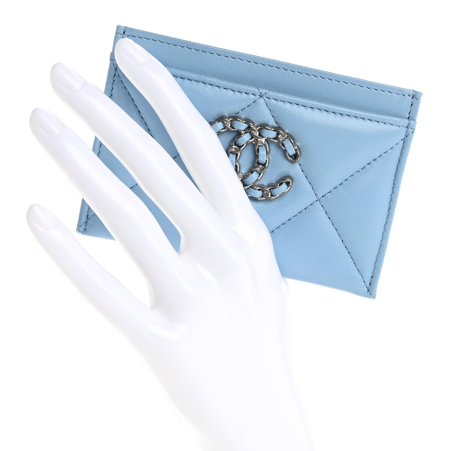 Lambskin Quilted Chanel 19 Card Holder Light Blue