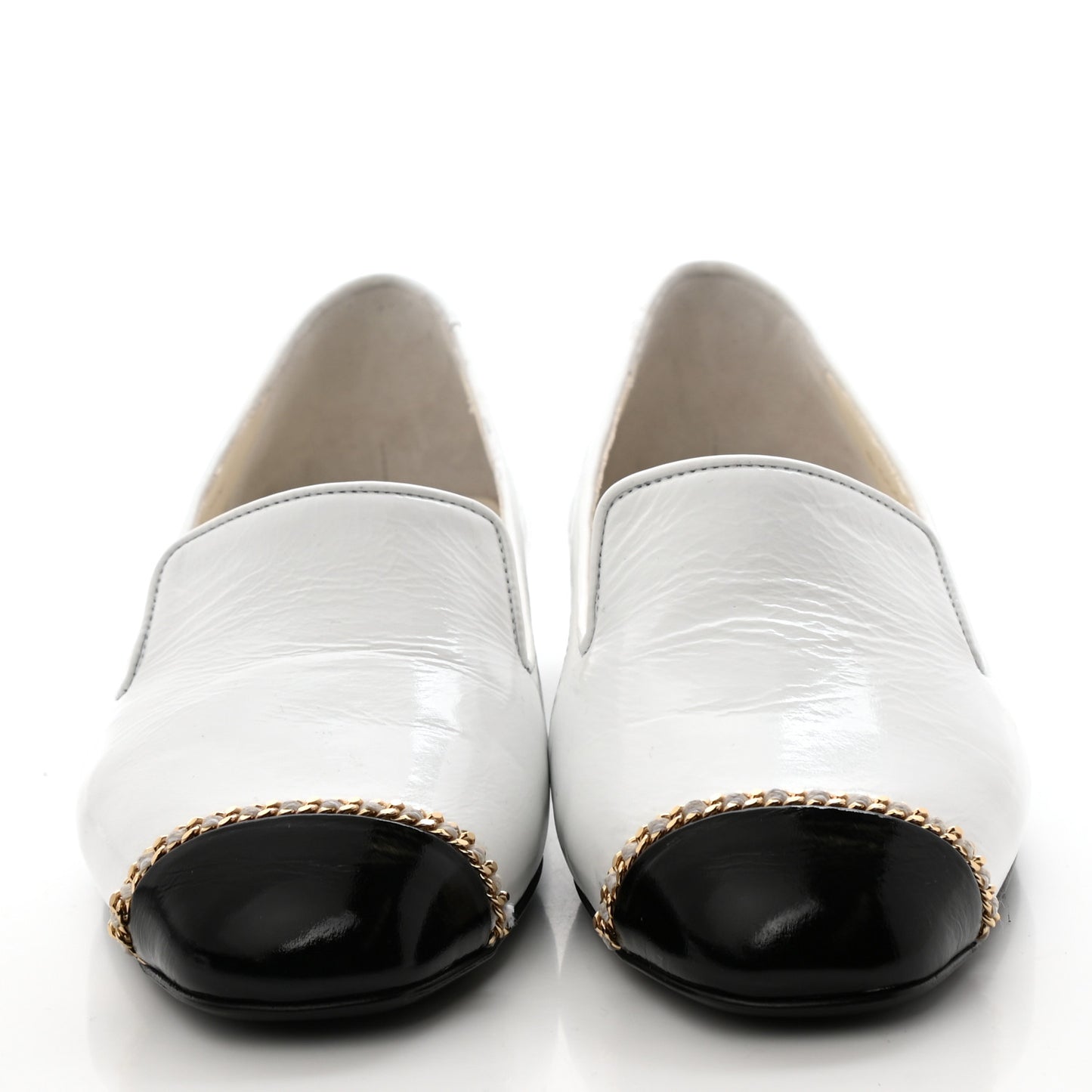 Patent Cap Toe Chain Moccasin Loafers 36.5 White Black