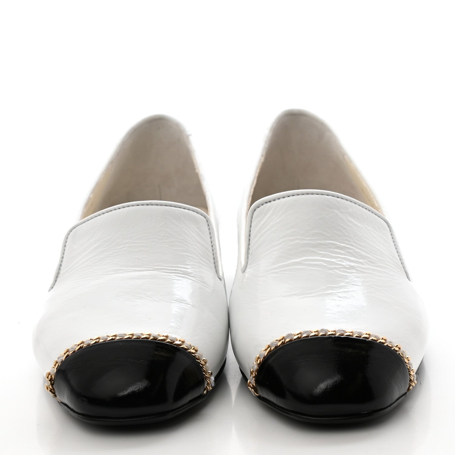 Chanel Patent Cap Toe Chain Moccasin Loafers 36.5 White Black 2 of 8